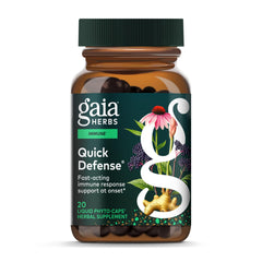 Gaia Herbs Quick Defense bottle closeup showing vegan liquid phyto-caps for immune support