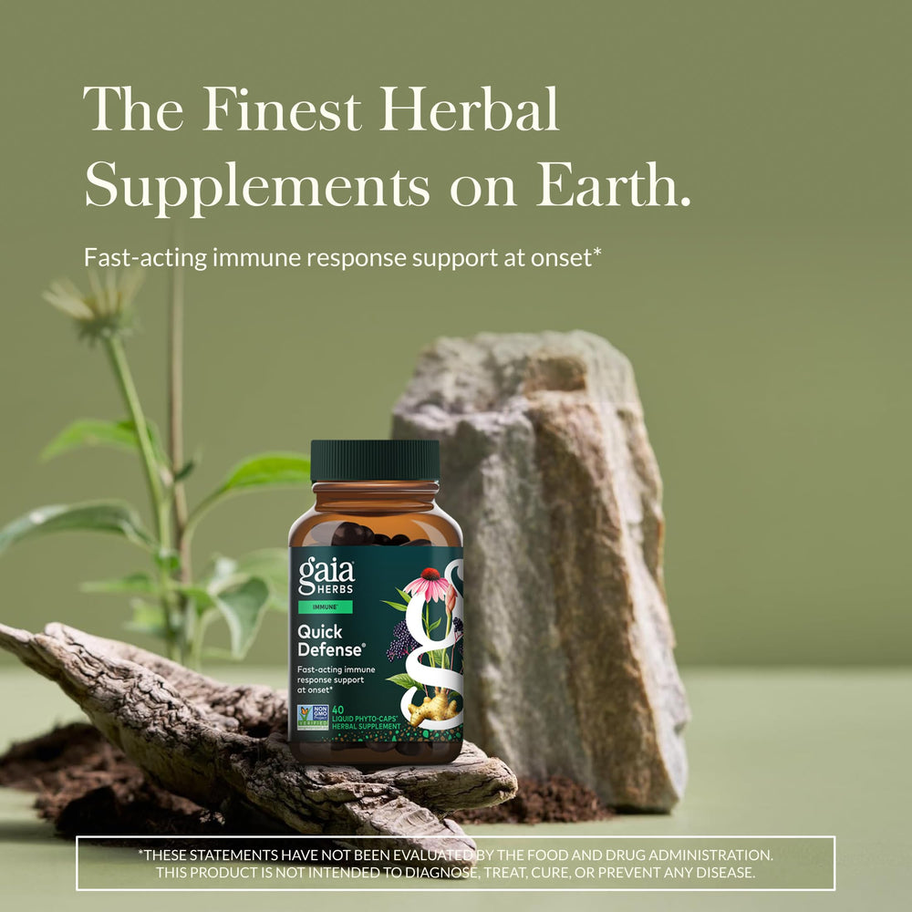 Gaia Herbs Quick Defense bottle side view highlighting vegan capsules