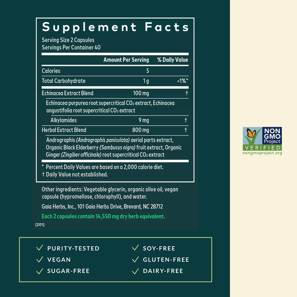 Gaia Herbs Quick Defense box packaging highlighting plant-based formula