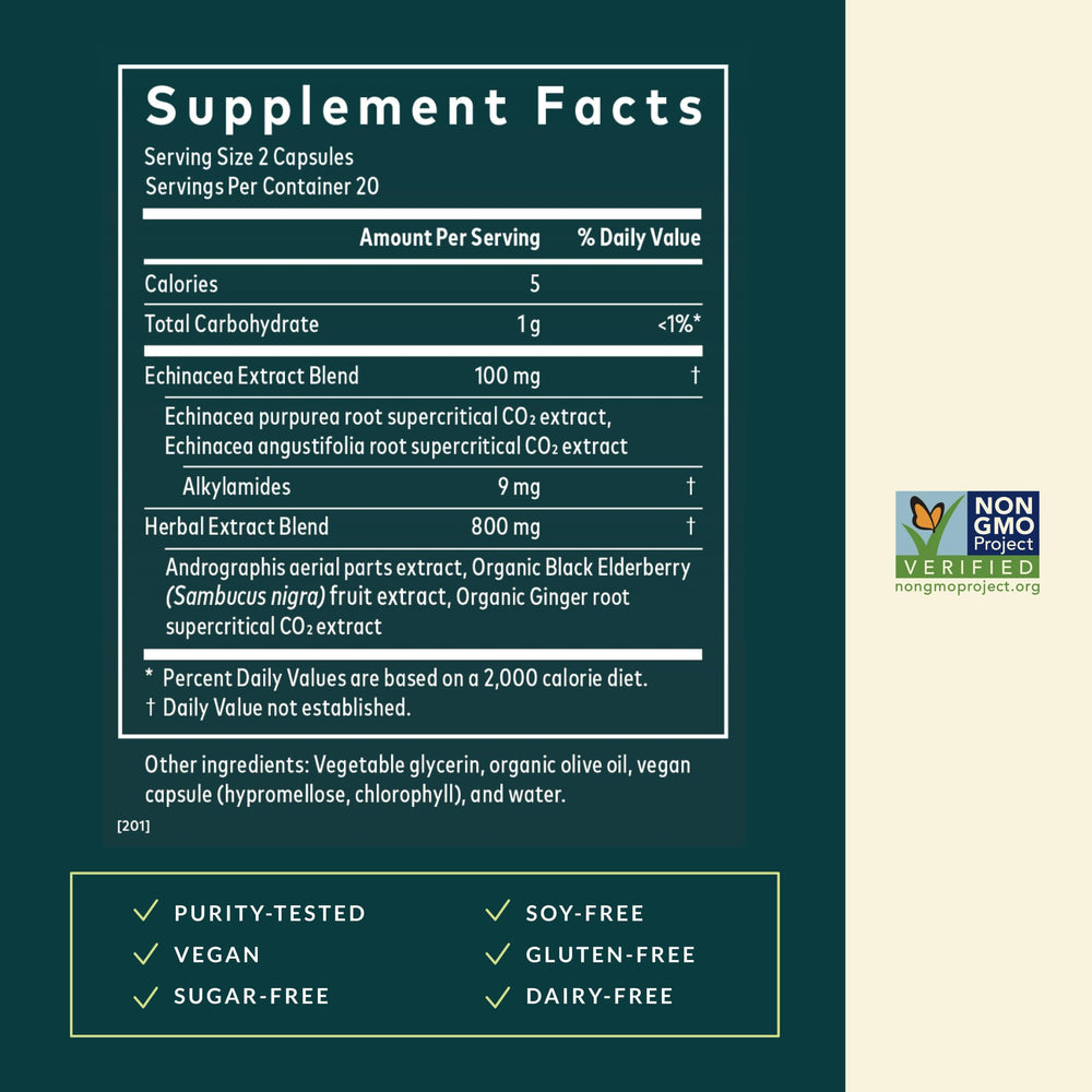 Close-up of Gaia Herbs Quick Defense label featuring echinacea and elderberry
