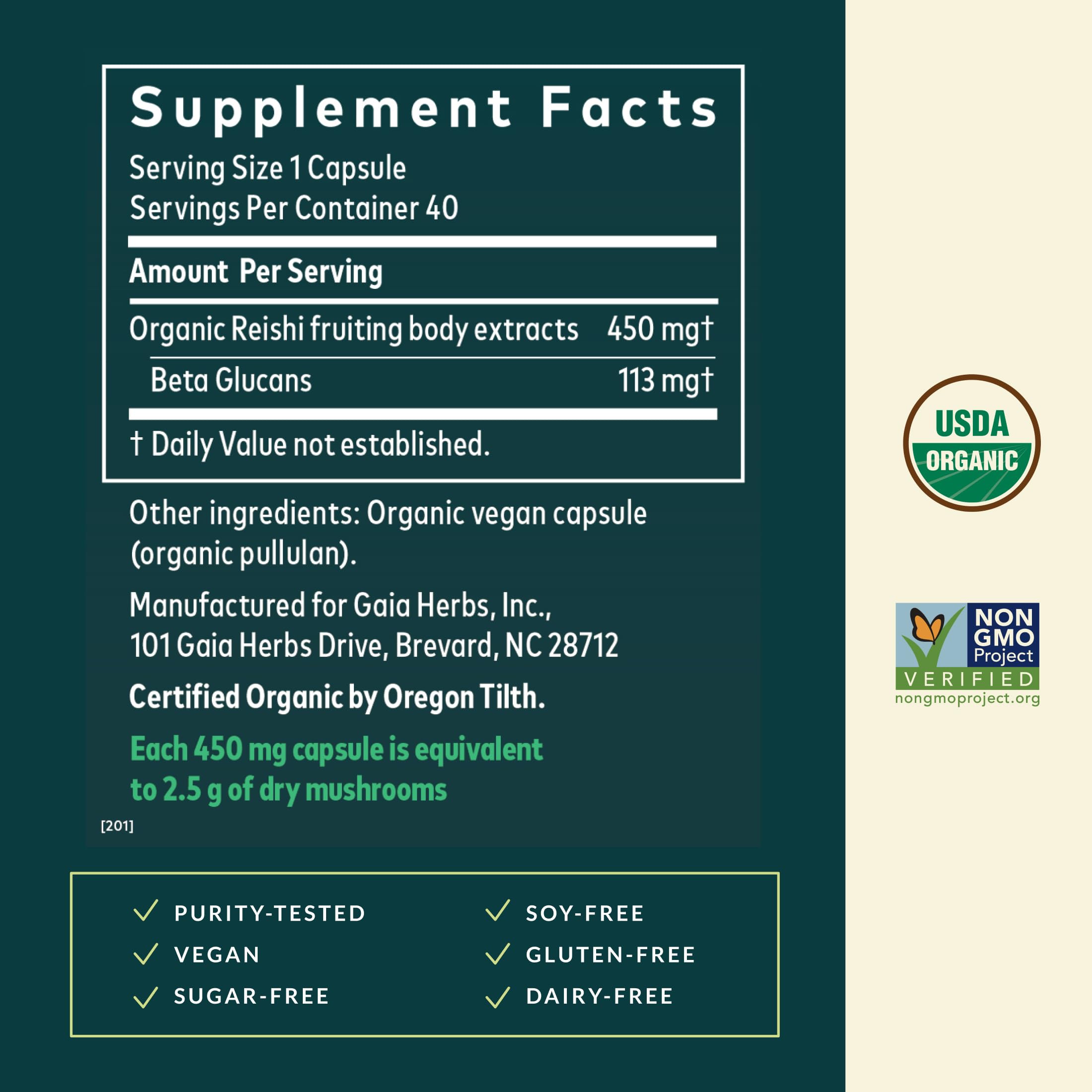 Gaia Herbs Reishi bottle label closeup highlights quality and purity
