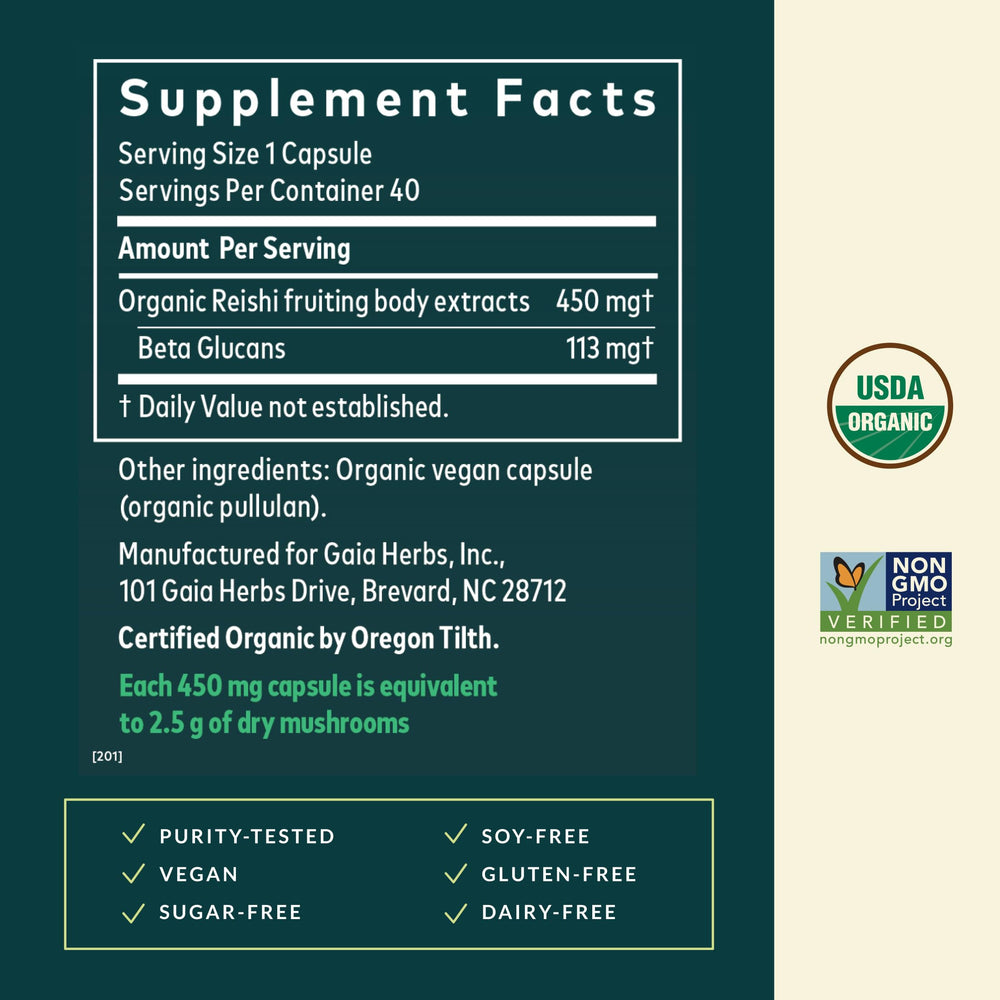 Gaia Herbs Reishi bottle label closeup highlights quality and purity