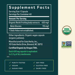 Gaia Herbs Reishi bottle label closeup highlights quality and purity