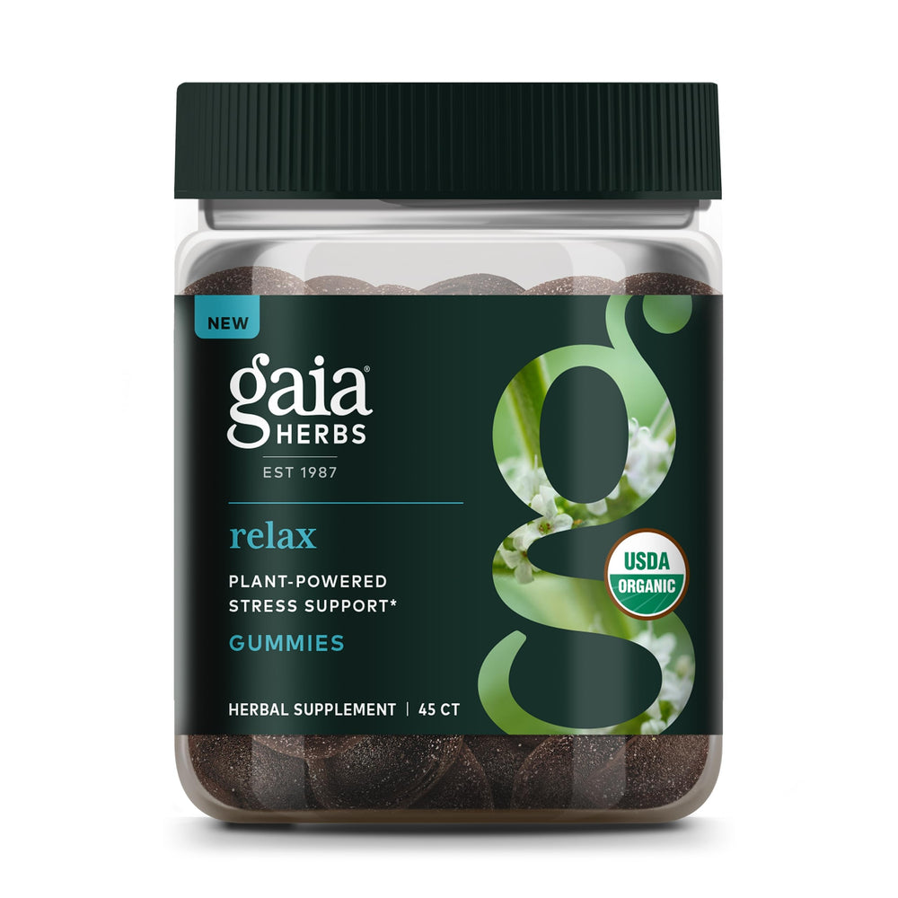 Gaia Herbs Relax Gummies bottle front for calm support in daily routine.