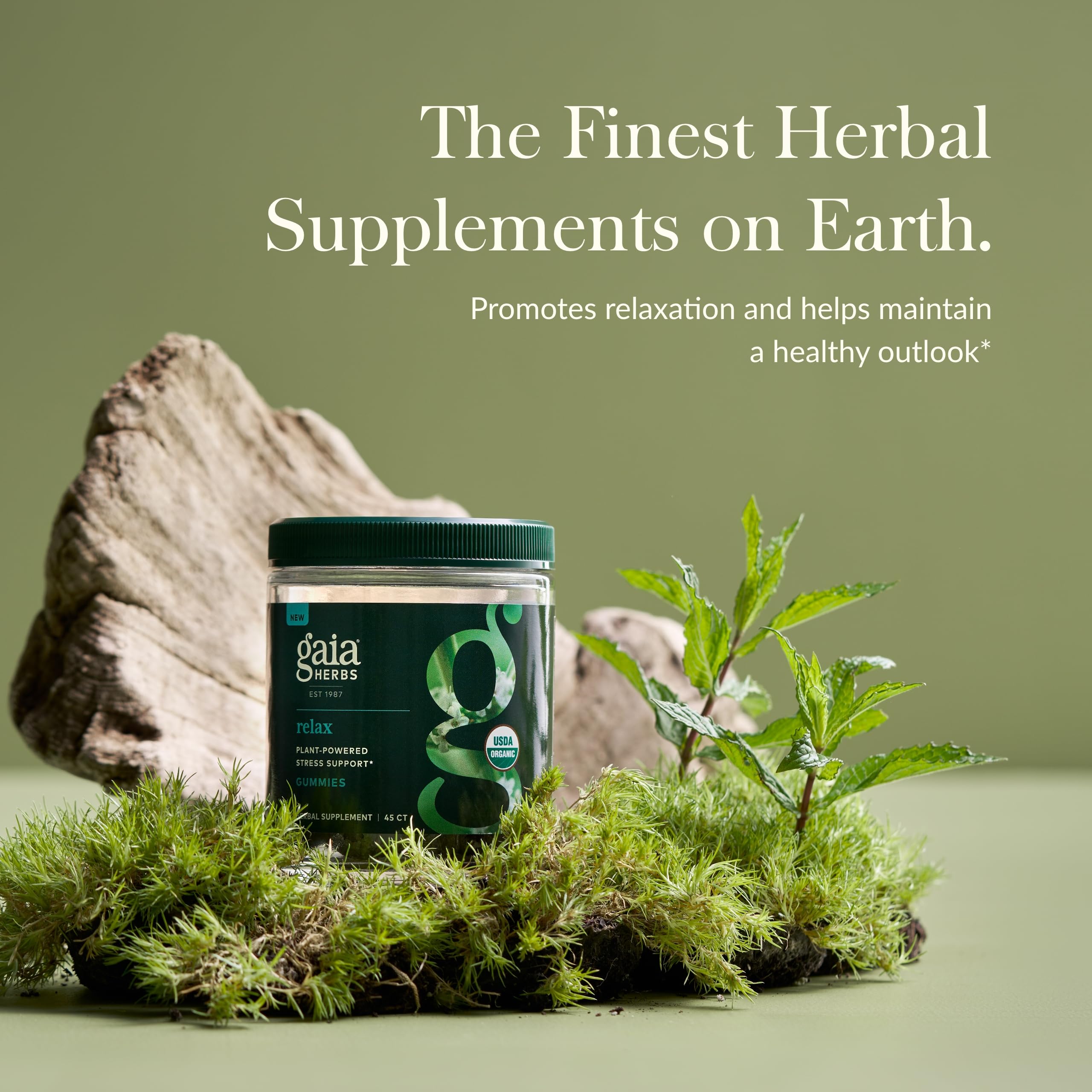 Gaia Herbs Relax Gummies closeup showing texture and natural color for relaxation.