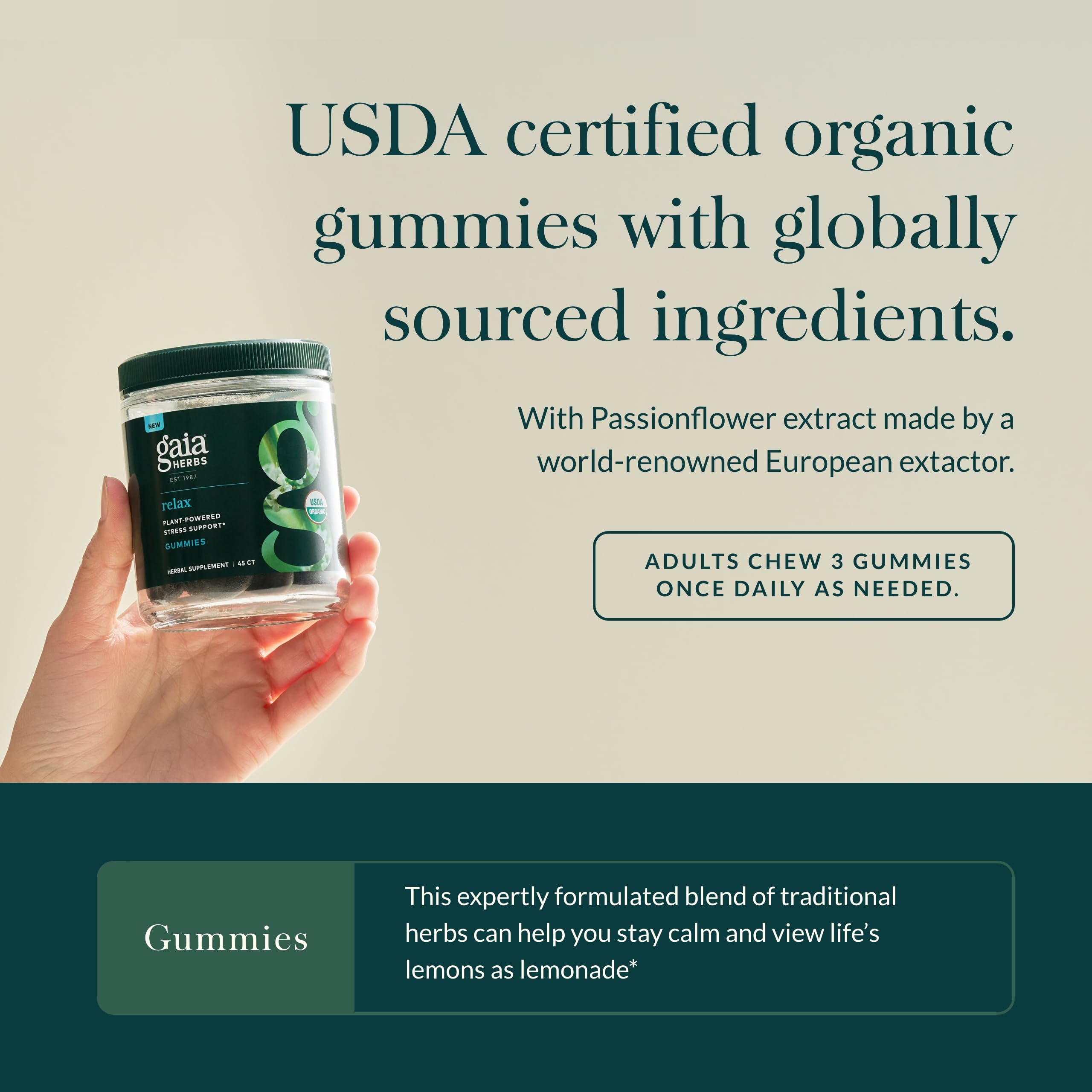 Gaia Herbs Relax Gummies packaging display for convenient daily use.