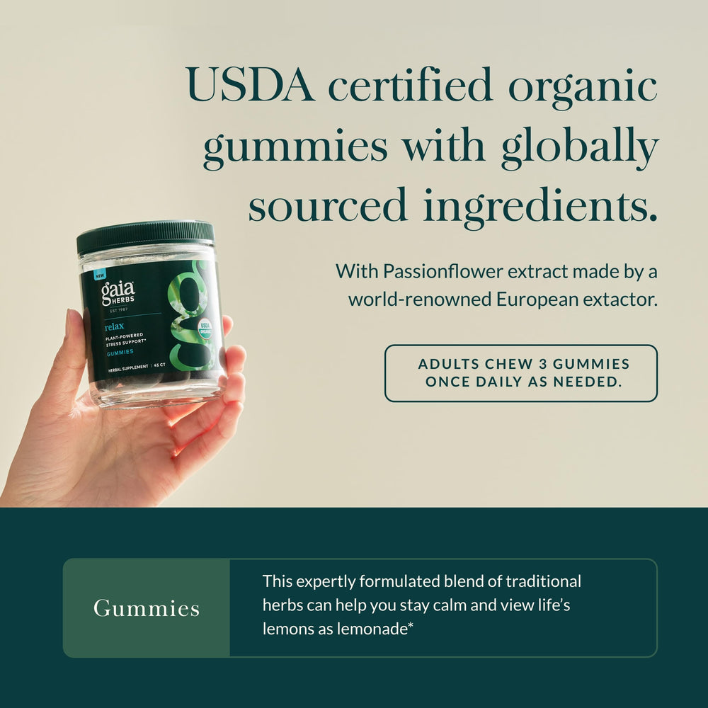 Gaia Herbs Relax Gummies packaging display for convenient daily use.
