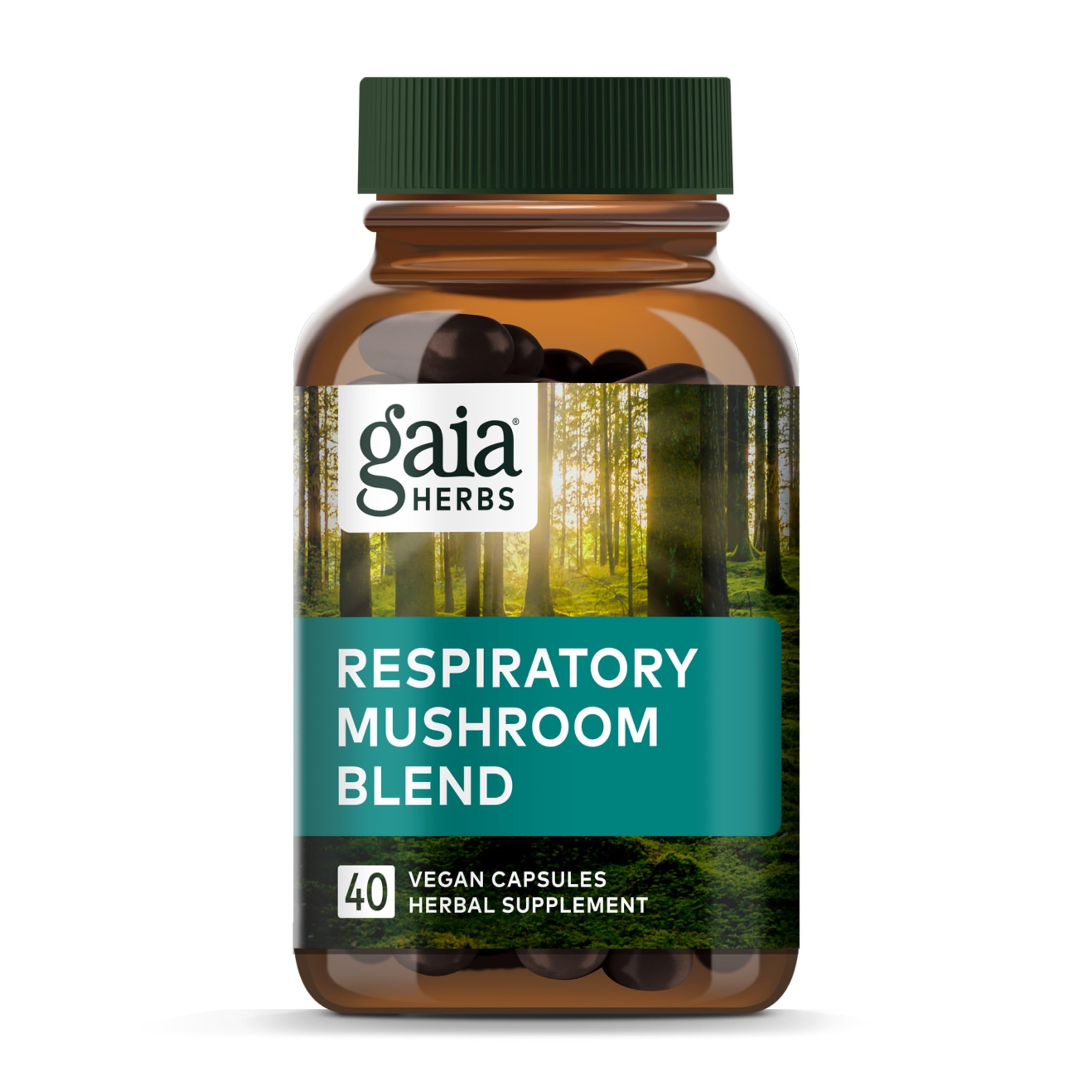 Gaia Herbs Respiratory Mushroom Blend bottle for daily lung support.