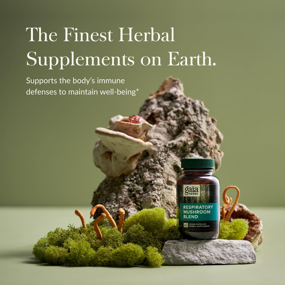 Gaia Herbs label close-up highlights Reishi and Cordyceps in the blend.