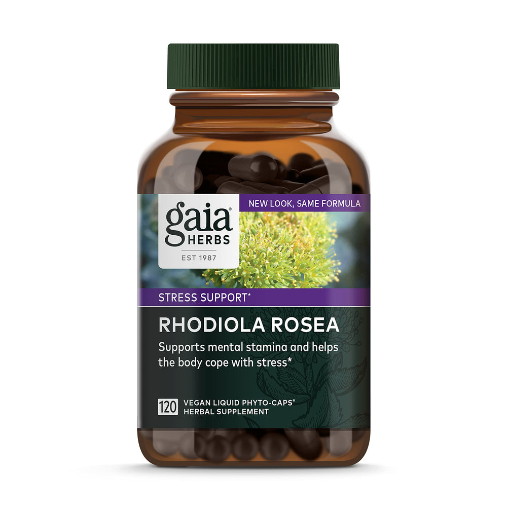 Gaia Herbs Rhodiola Rosea bottle with 120 vegan caps for daily stress support