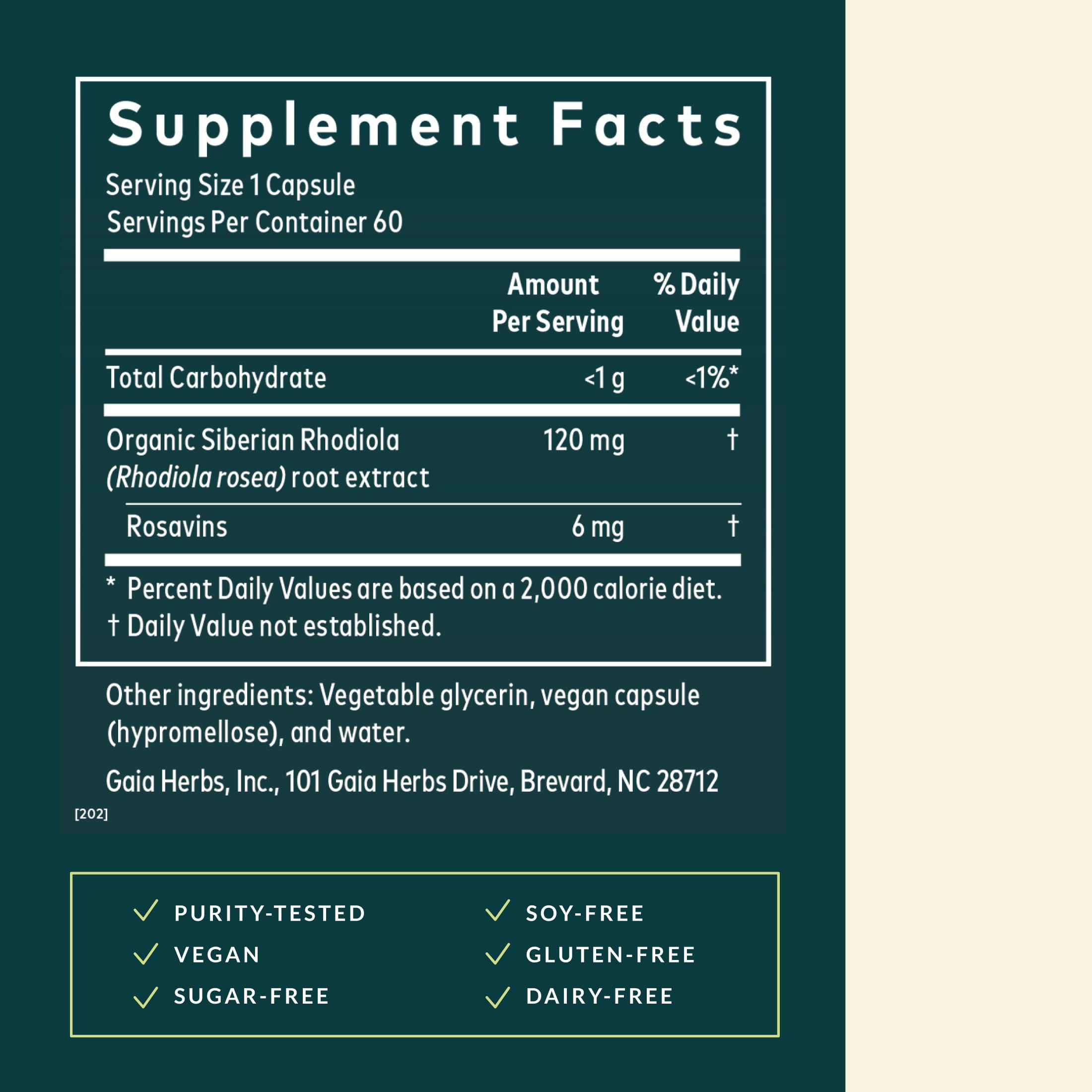 Close-up of Gaia Herbs Rhodiola Rosea capsules emphasizing vegan phyto-caps.