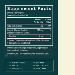 Close-up of Gaia Herbs Rhodiola Rosea capsules emphasizing vegan phyto-caps.