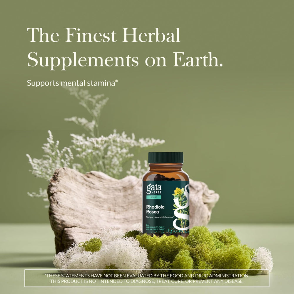 Gaia Herbs Rhodiola Rosea label highlights adaptogenic sourcing and quality.