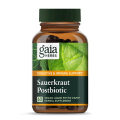 Gaia Herbs Sauerkraut Postbiotic bottle label highlights vegan gut health support.