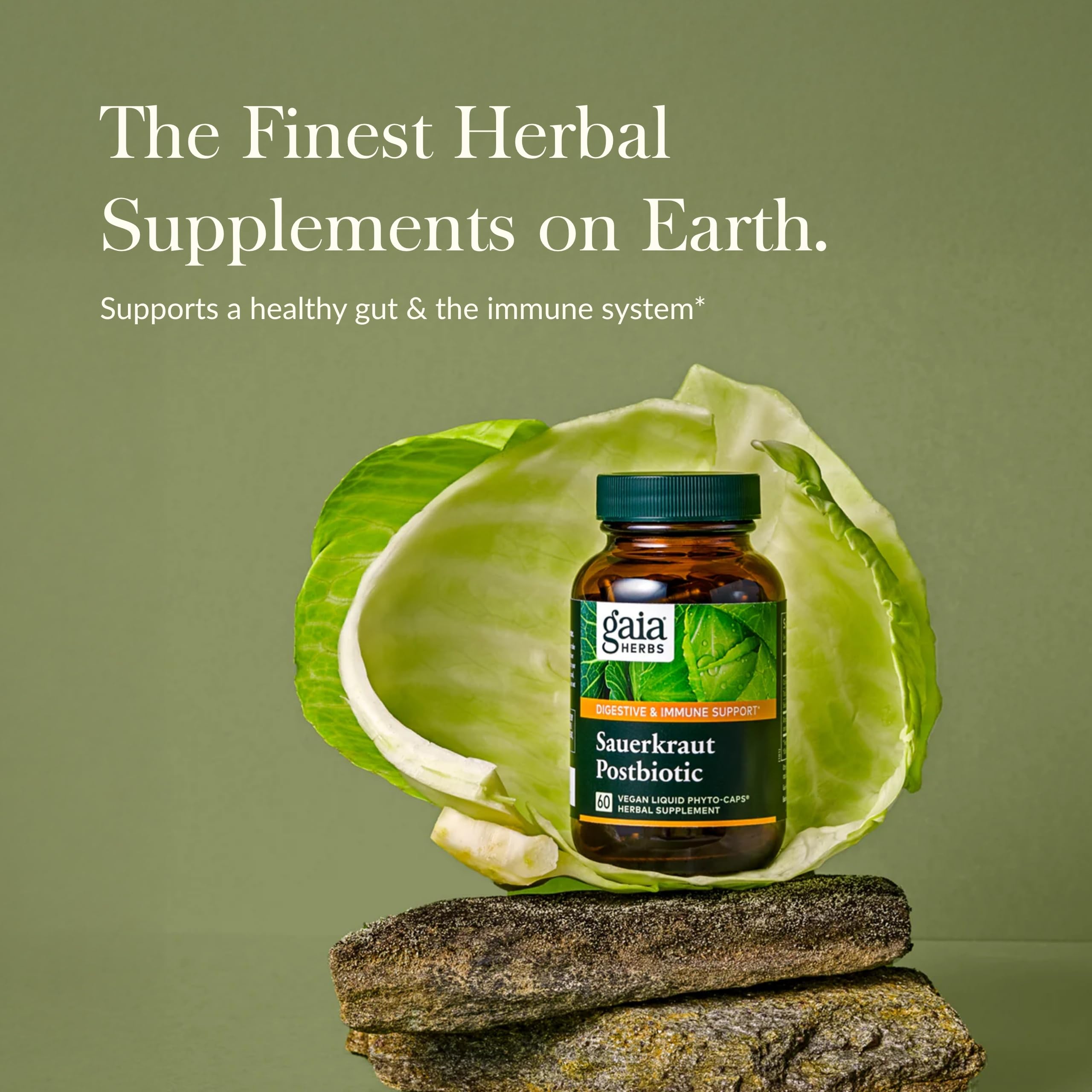 Gaia Herbs Sauerkraut Postbiotic capsules provide convenient daily digestion support.