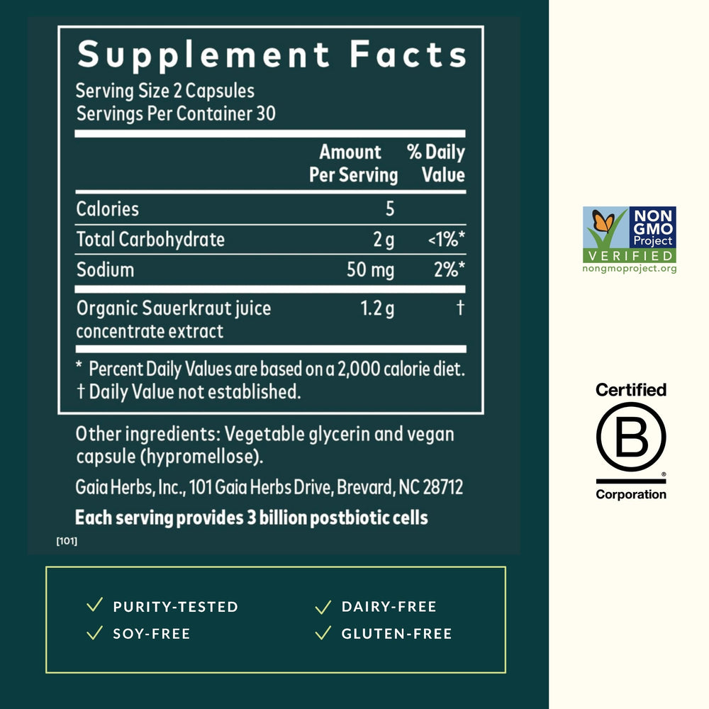 Gaia Herbs Sauerkraut Postbiotic ingredients panel shows organic fermented juice extract.