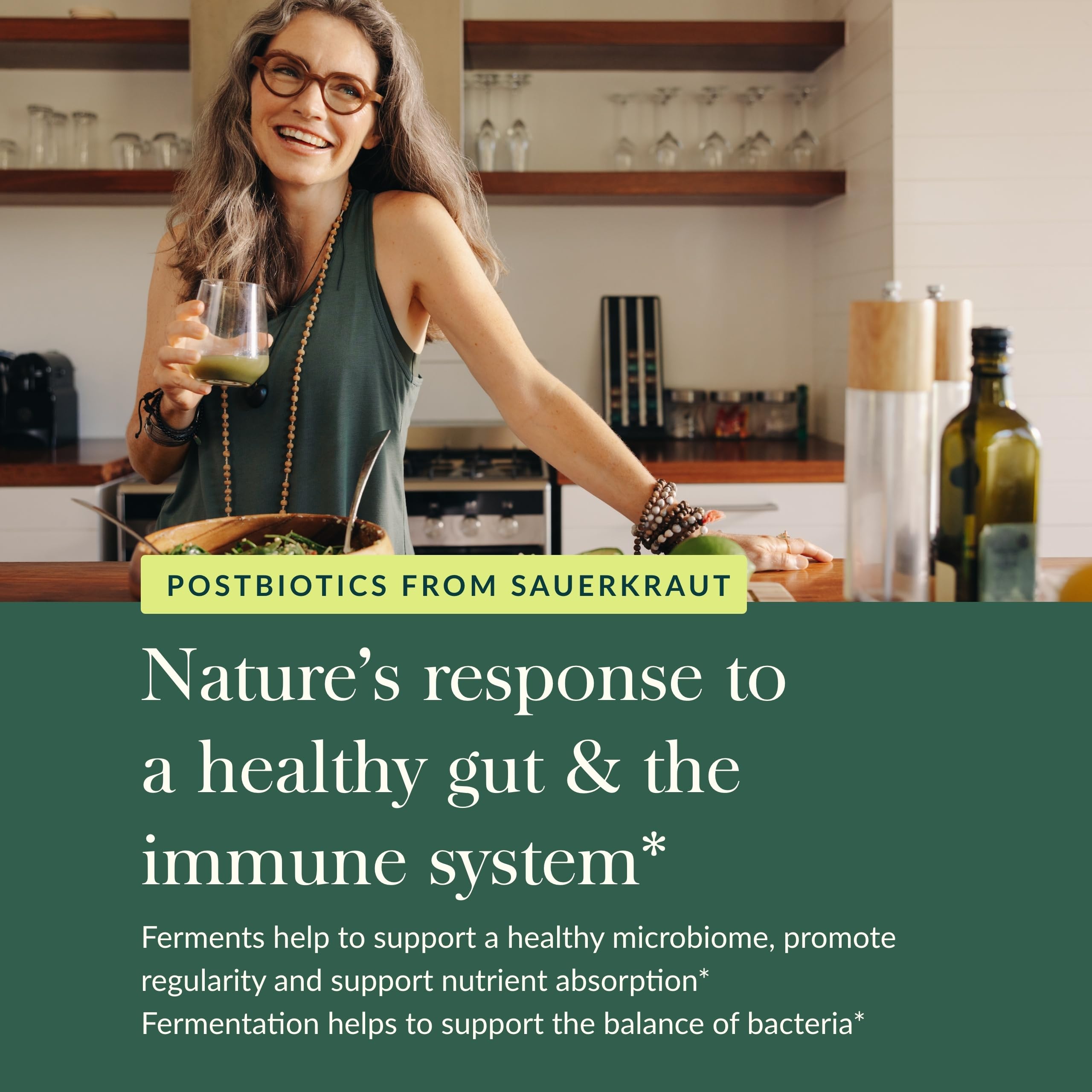 Gaia Herbs Sauerkraut Postbiotic packaging box emphasizes plant-based immune support potential.