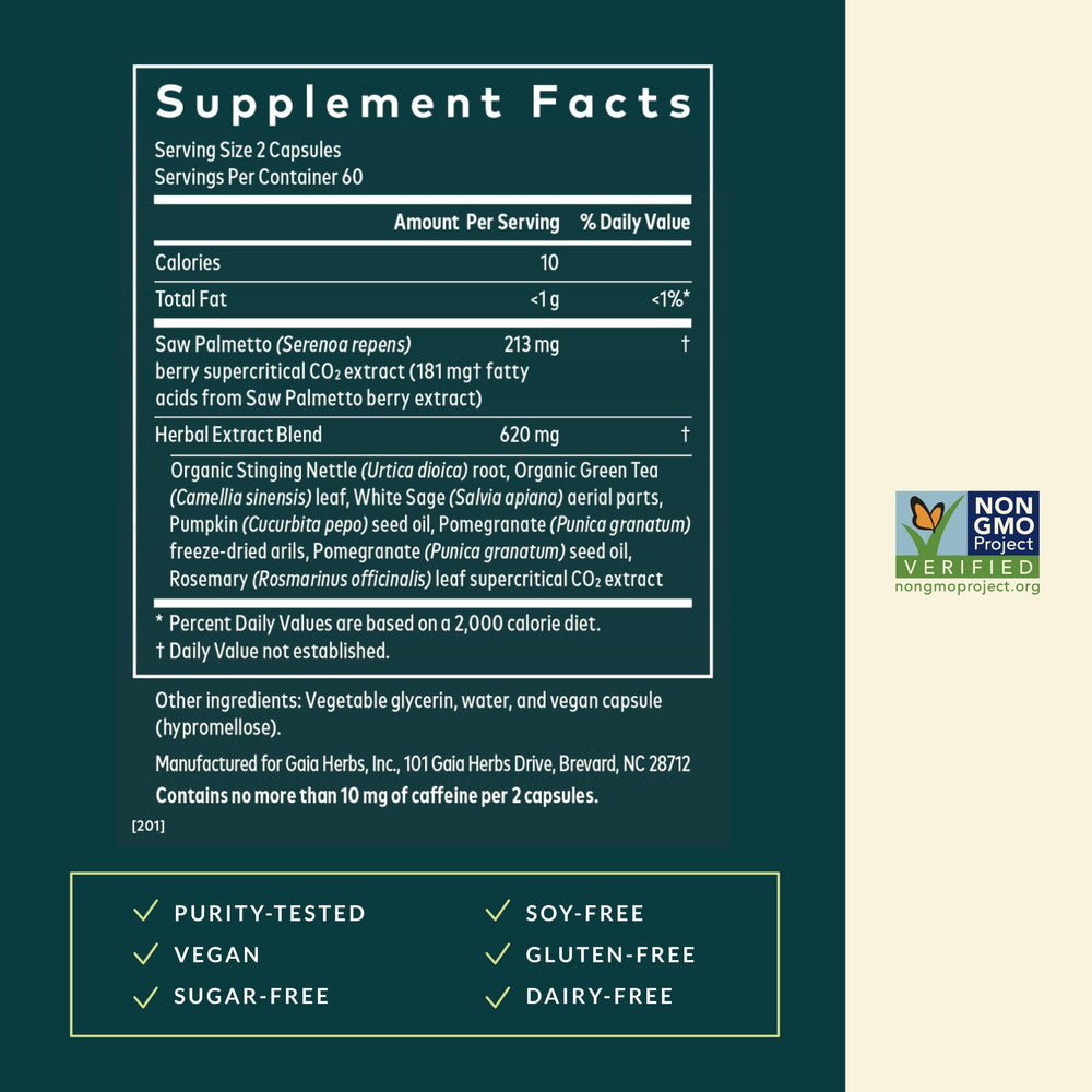 Gaia Herbs Prostate Health with saw palmetto berries, key ingredient from wild Florida and Georgia