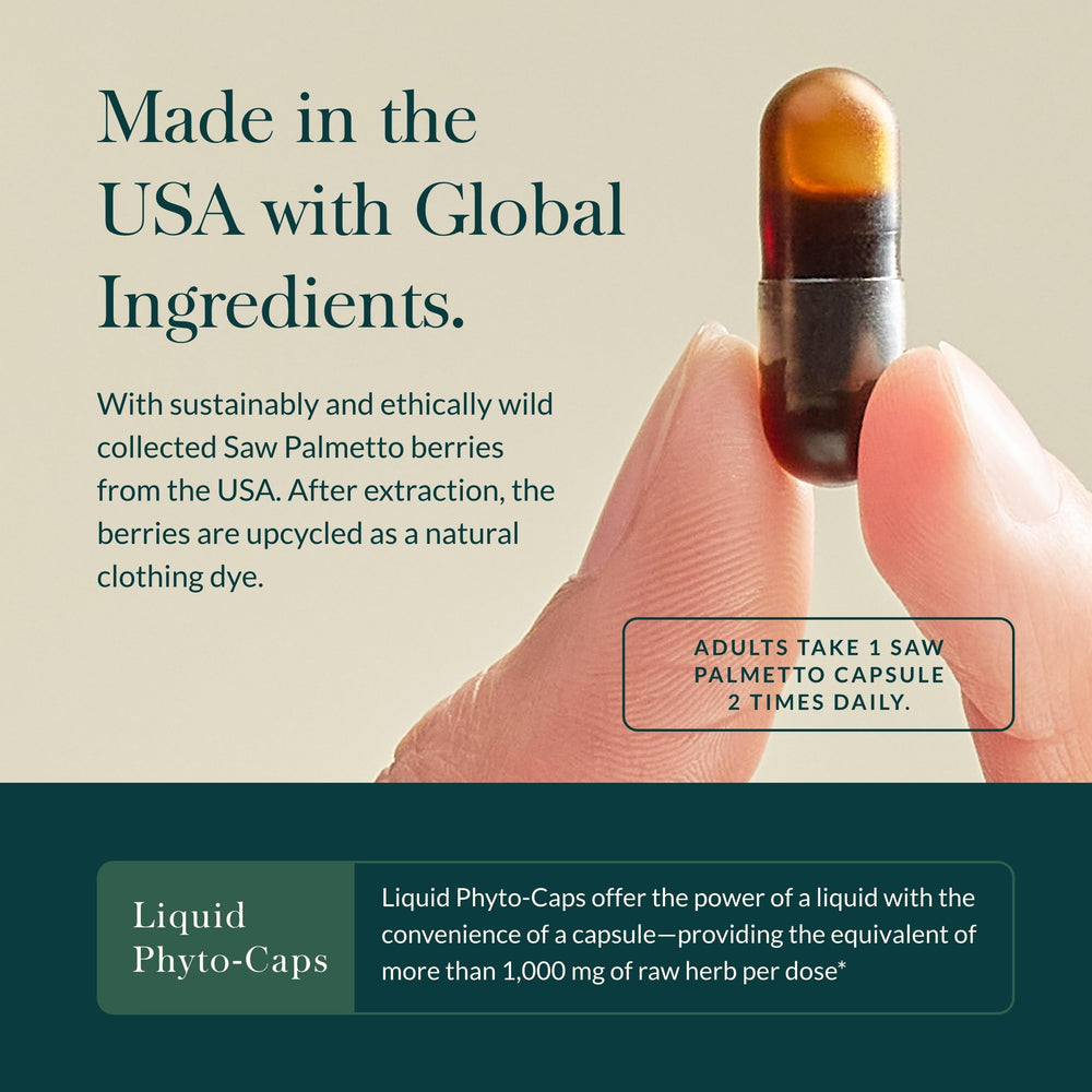 Gaia Herbs Saw Palmetto bottle with packaging detail showing quality.