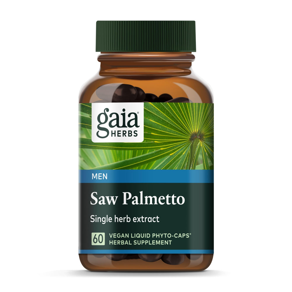 Gaia Herbs Saw Palmetto bottle on shelf suggesting daily wellness support.