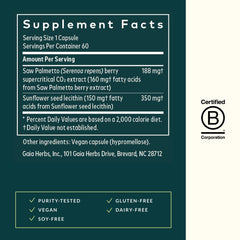 Gaia Herbs Saw Palmetto capsules closeup highlighting vegan phyto-caps.