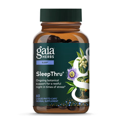 Gaia Herbs SleepThru bottle side view supports calm bedtime routines