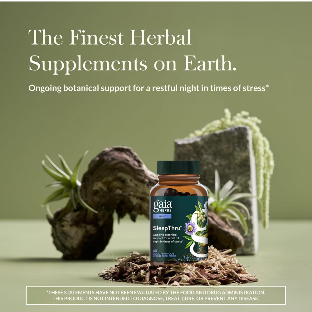 Gaia SleepThru capsules close-up highlighting herbal blend for relaxation