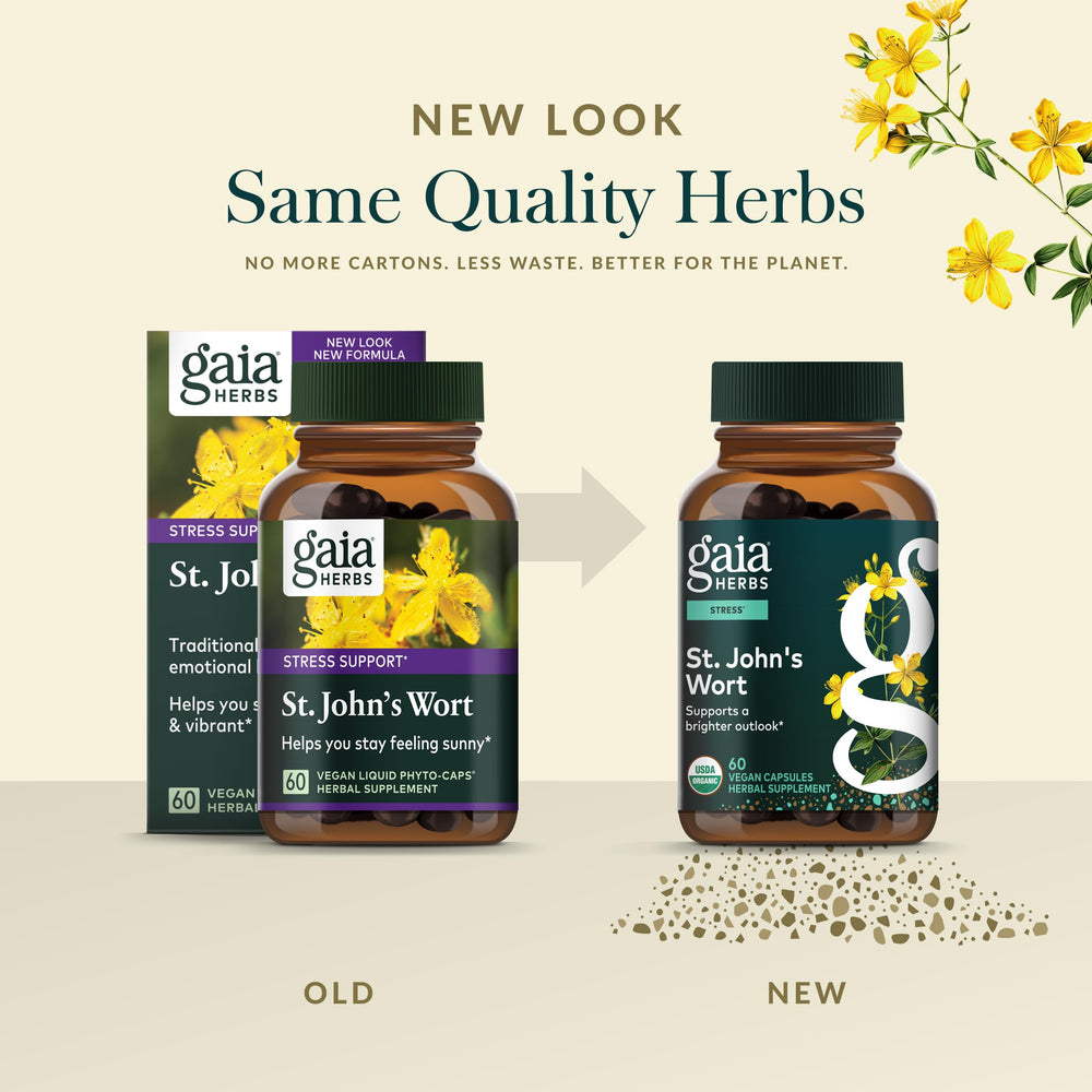 Gaia Herbs St. John's Wort bottle on table in everyday setting.