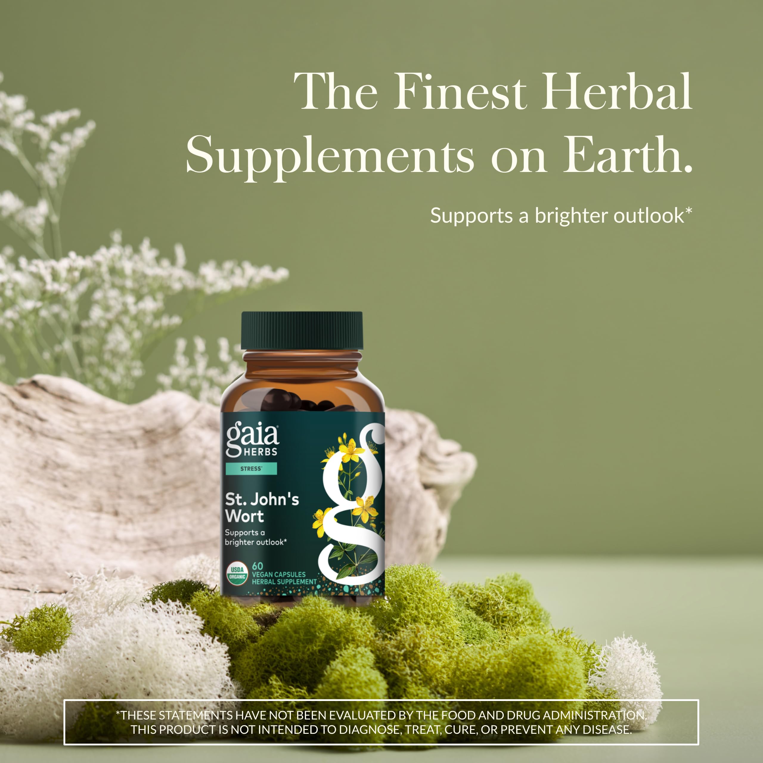 Gaia Herbs St. John's Wort capsules close-up showing vegan formula.