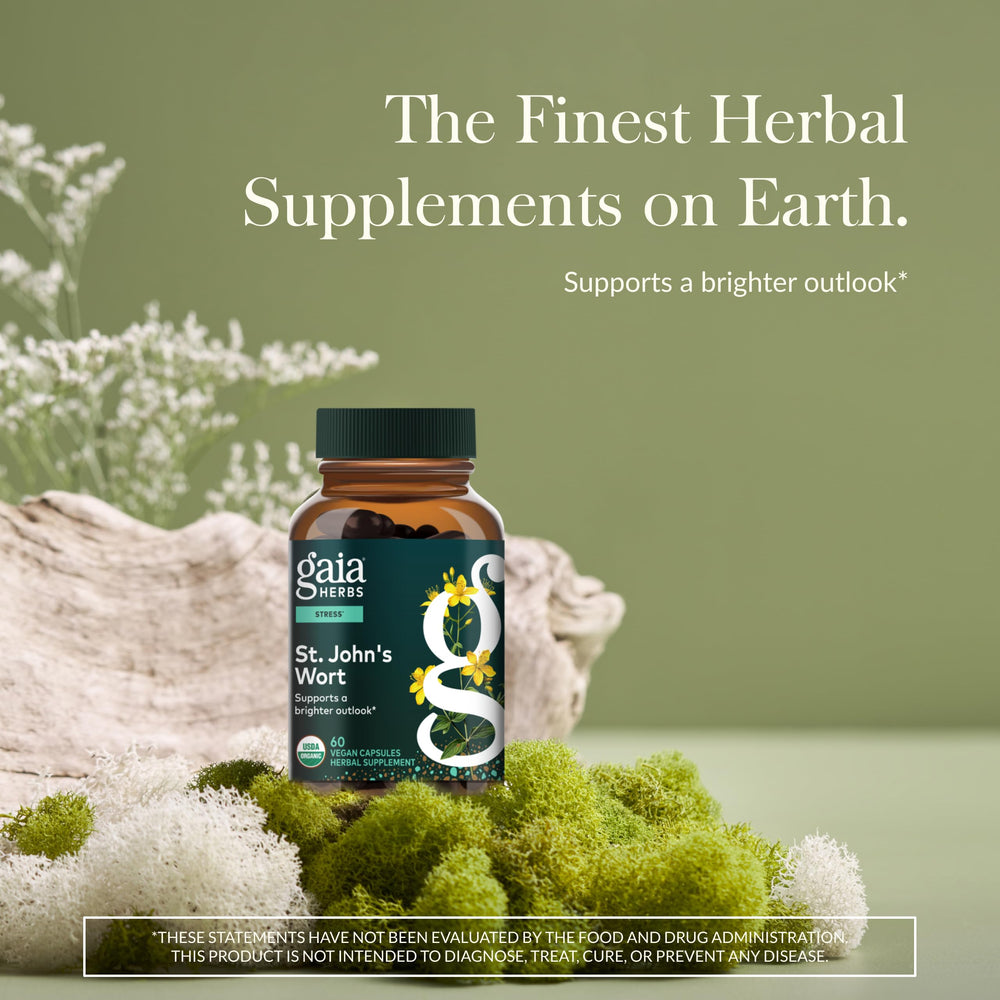 Gaia Herbs St. John's Wort capsules close-up showing vegan formula.