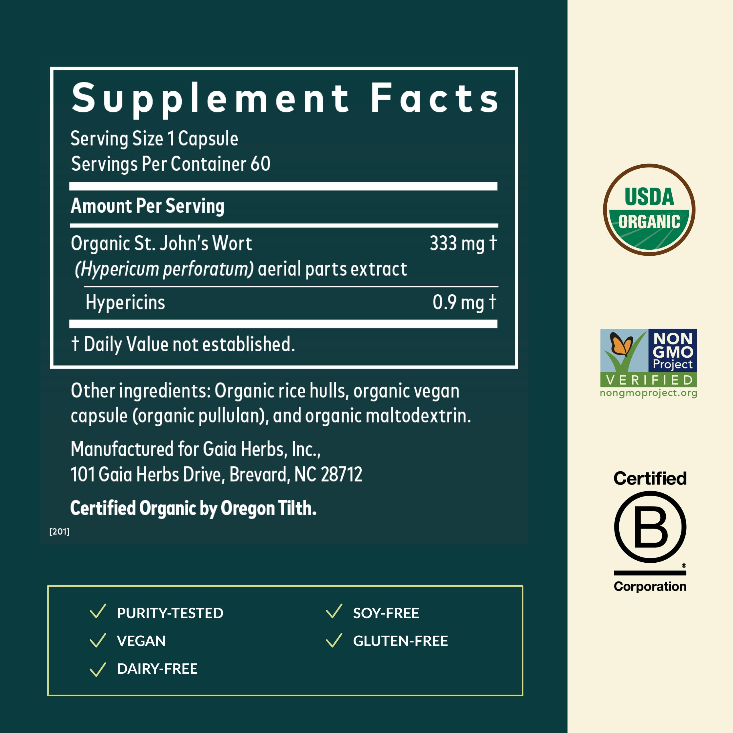 Gaia Herbs St. John's Wort label detail highlighting traditional herbal approach.