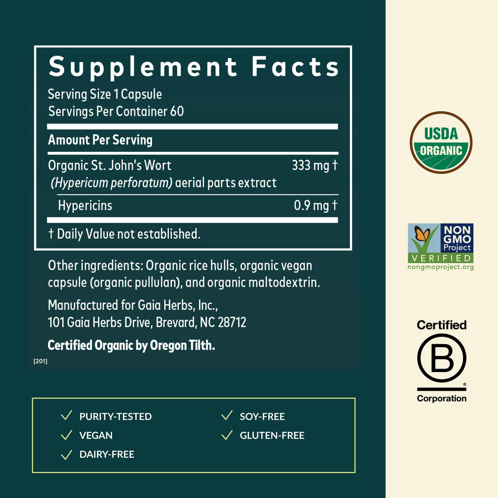Gaia Herbs St. John's Wort label detail highlighting traditional herbal approach.