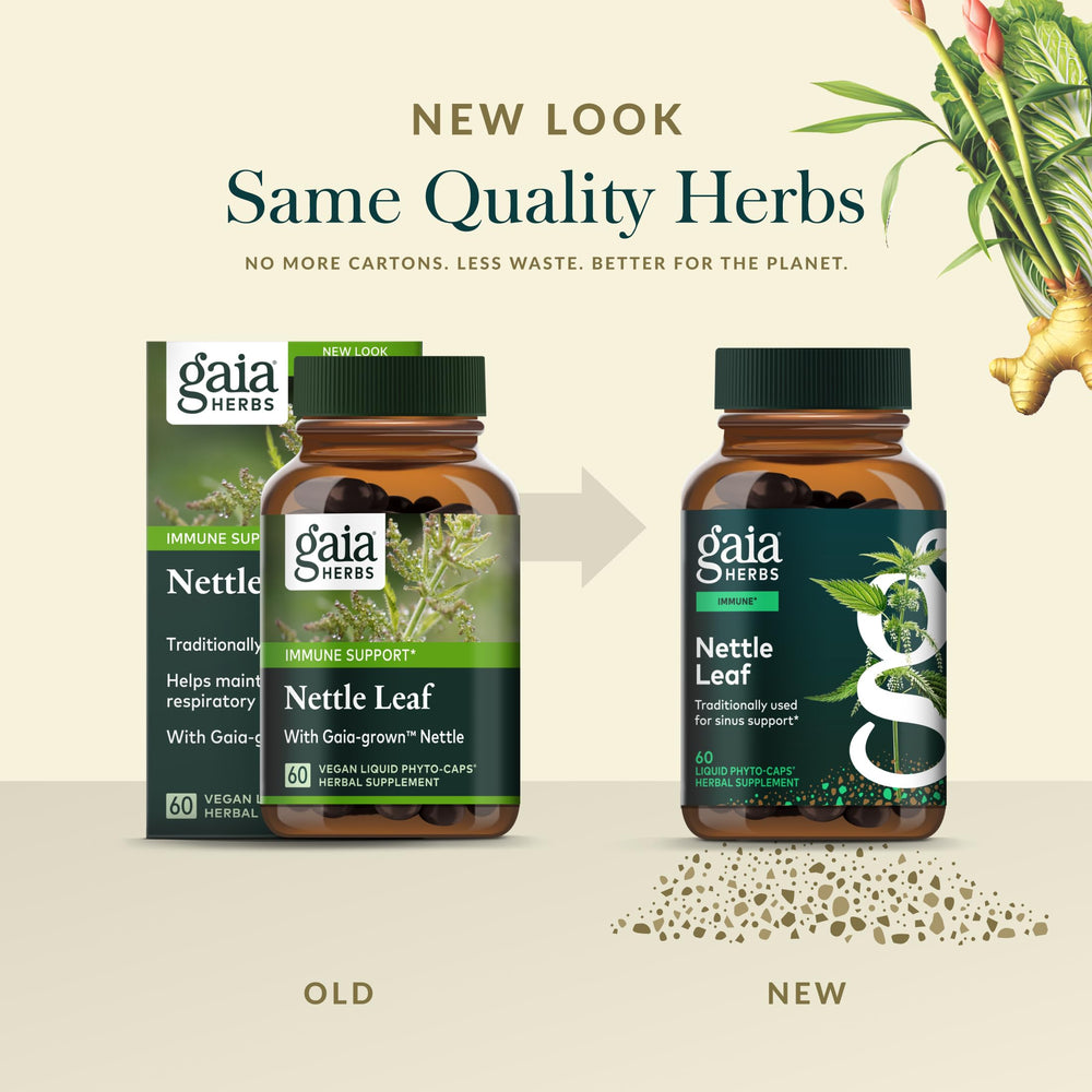 Gaia Herbs Stinging Nettle Leaf bottle pour illustrating easy dosing.