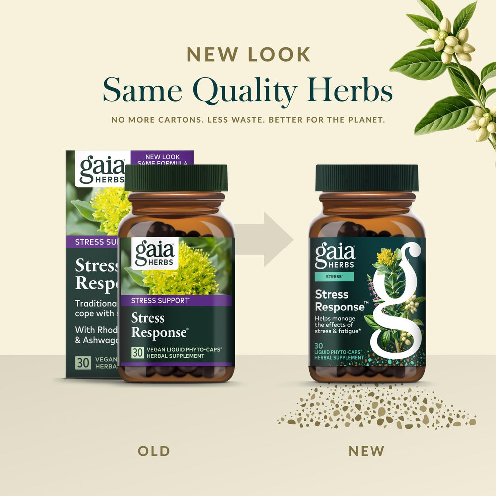 Gaia Herbs Stress Response bottle and glass with capsules ready