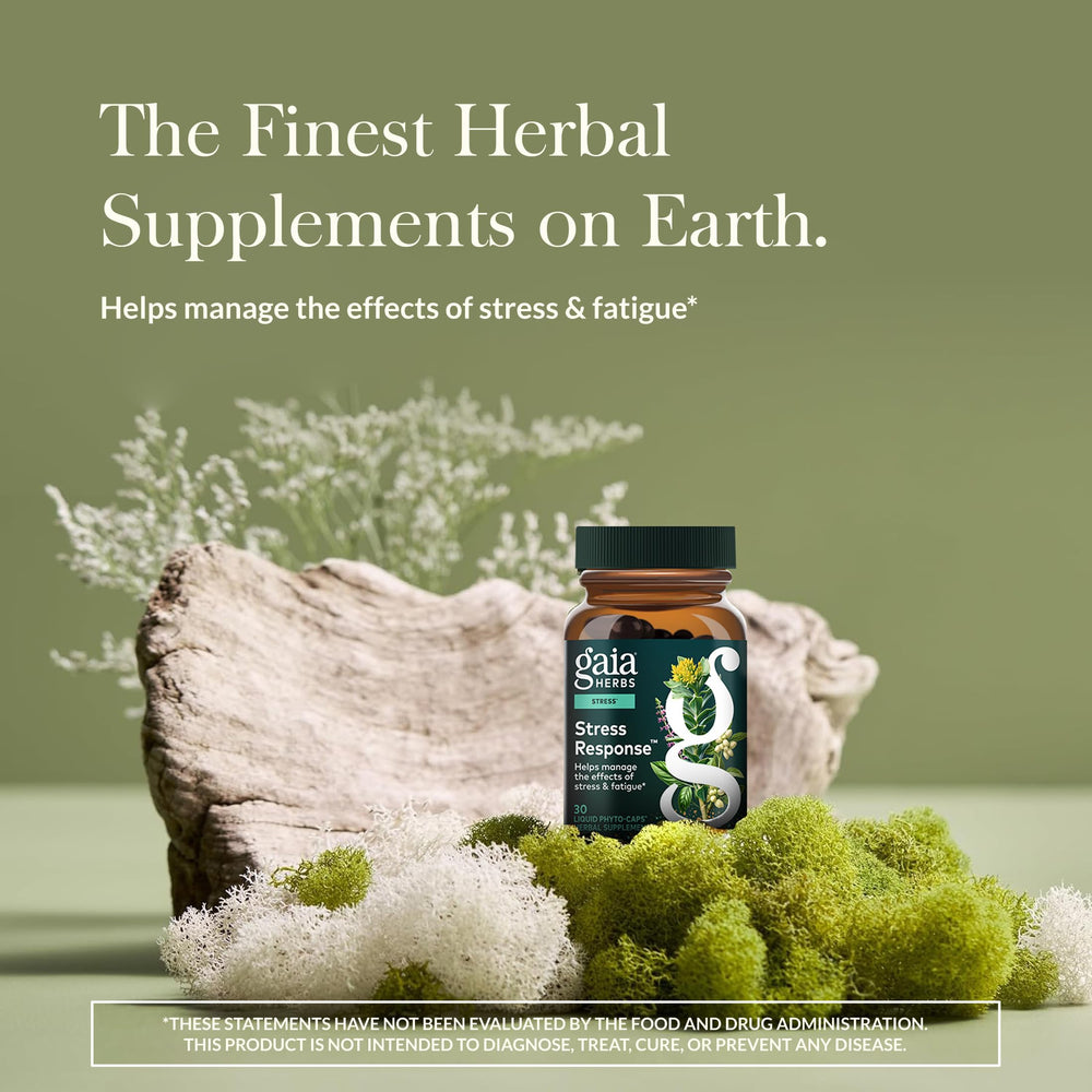Gaia Herbs Stress Response ingredients close-up with Rhodiola and Ashwagandha