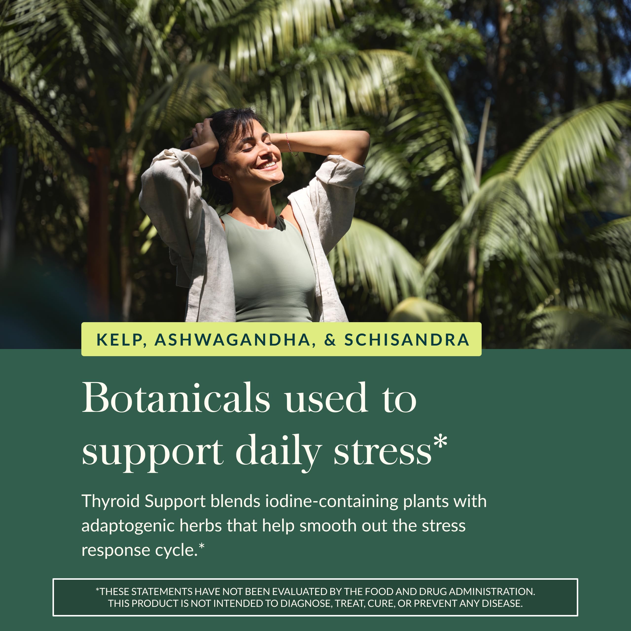 Gaia Herbs Thyroid Support ashwagandha schisandra blend hints at adaptogenic support.