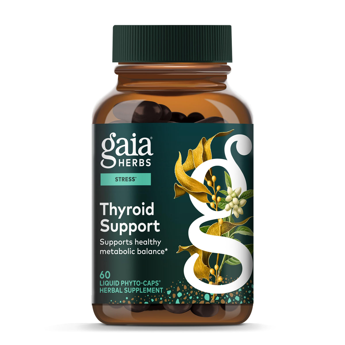 Gaia Herbs Thyroid Support bottle front shows trusted branding for metabolic balance potential.