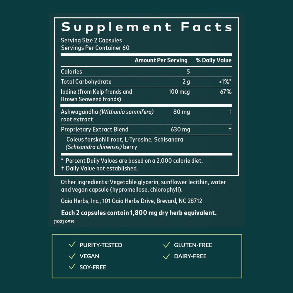 Gaia Herbs Thyroid Support bottle with brown seaweed capsules for holistic balance