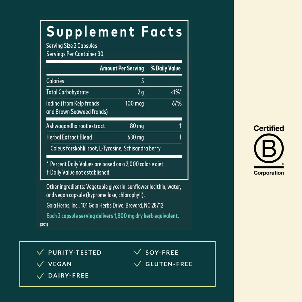 Gaia Herbs Thyroid Support vegan capsules closeup emphasizes easy daily use.