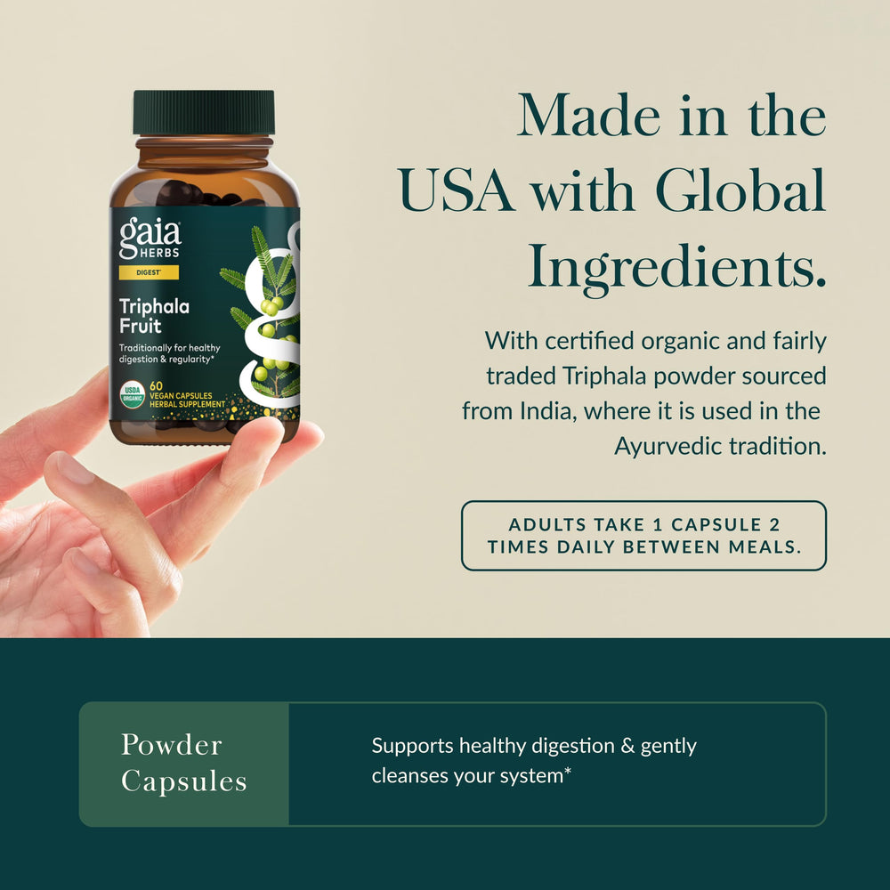 Gaia Herbs Triphala Fruit blend of amla, belleric, and chebulic for balance.