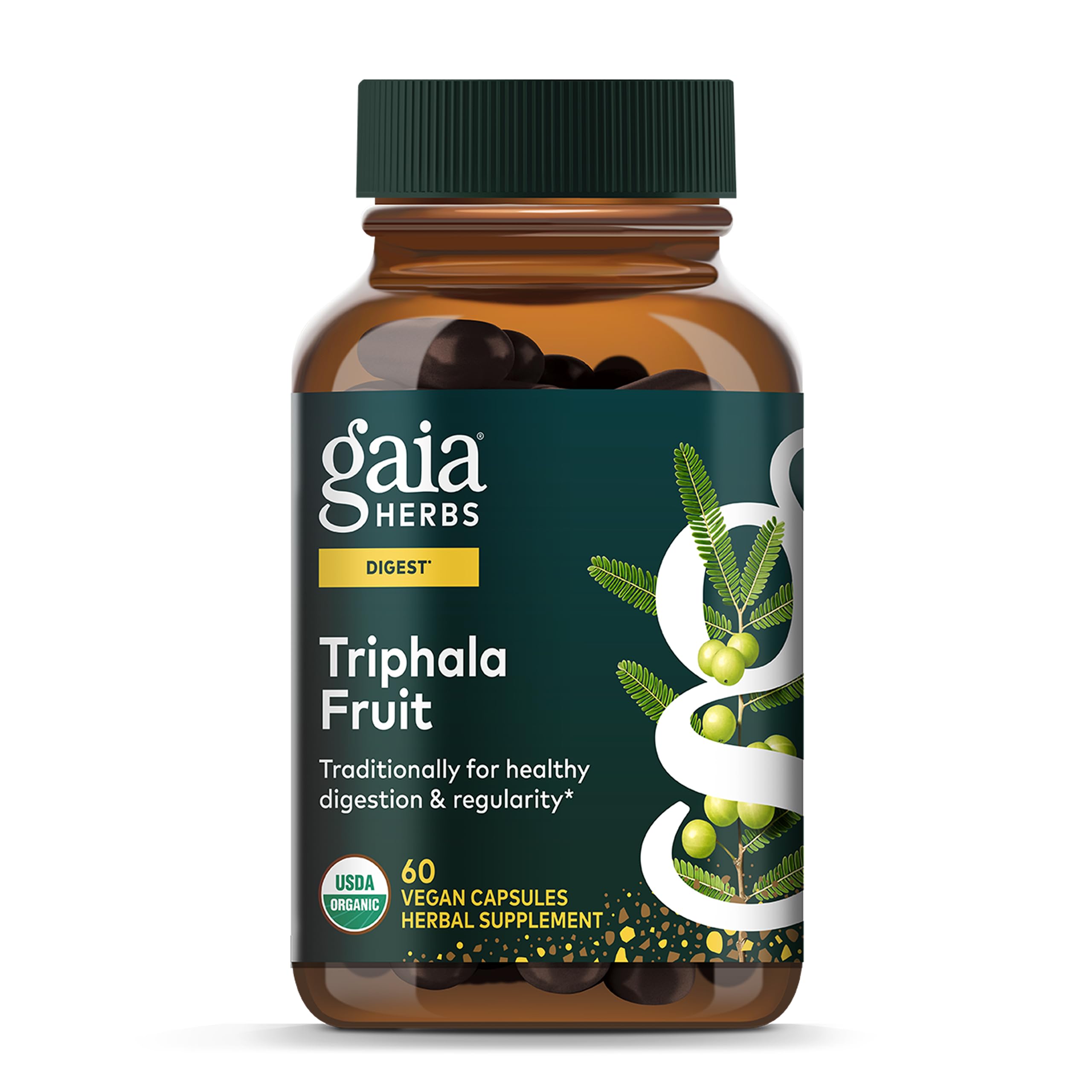 Gaia Herbs Triphala Fruit bottle showing a gentle digestive balance option.