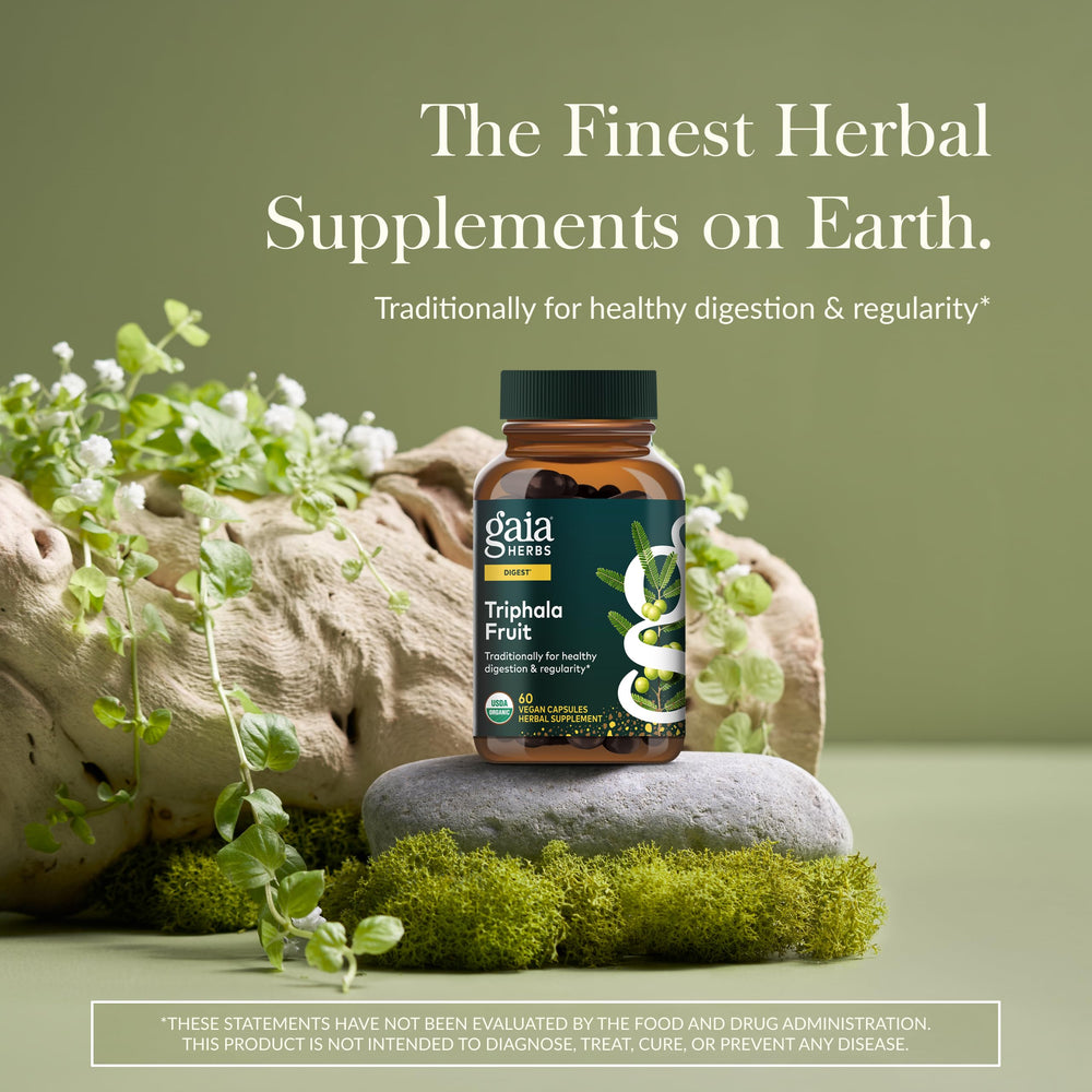 Gaia Herbs Triphala Fruit capsules for daily cleansing and digestive support.