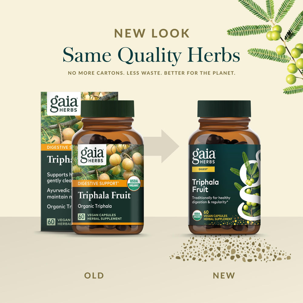 Gaia Herbs Triphala Fruit bottle with glass and spoon for daily dosing.