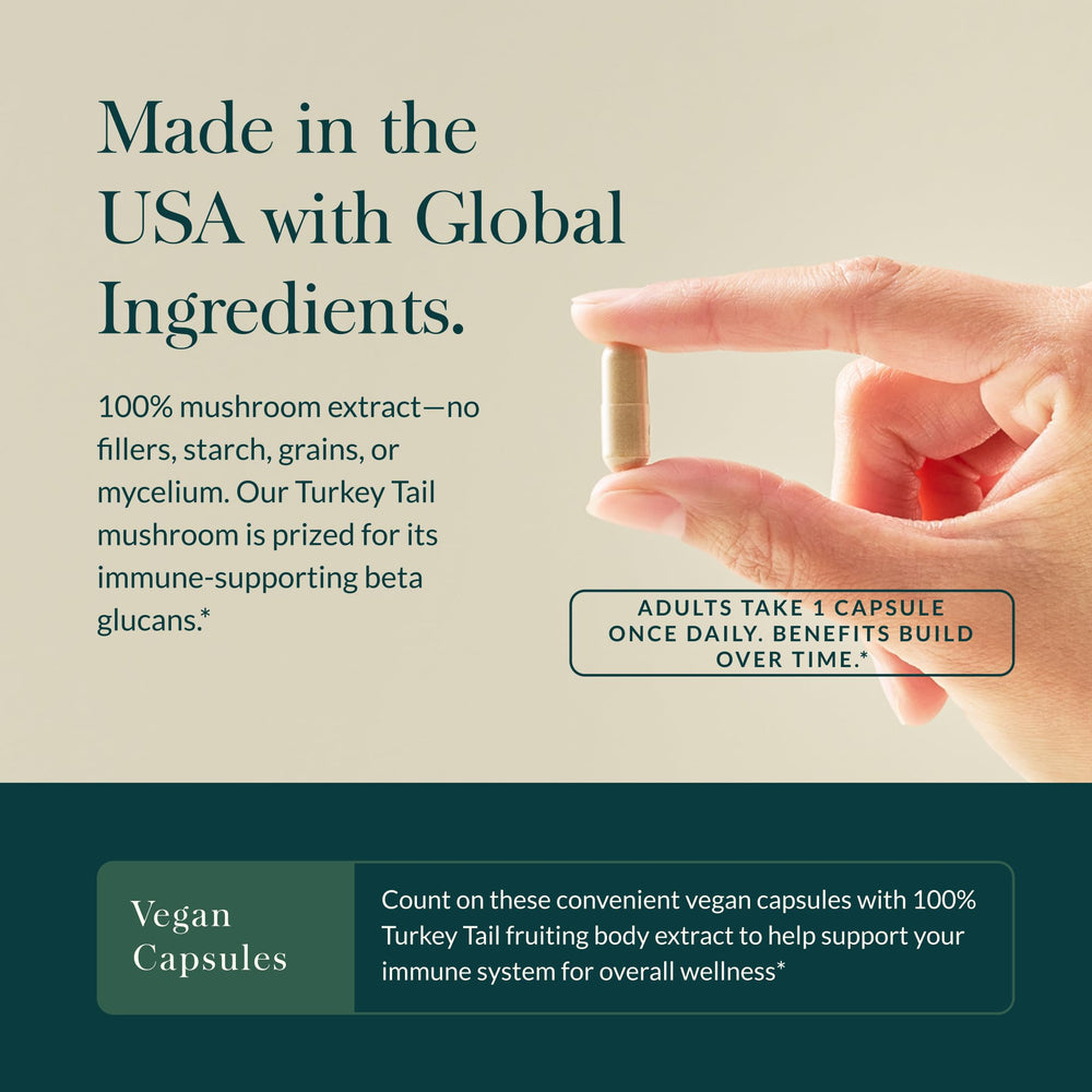 Gaia Herbs Turkey Tail vegan capsules highlight gluten-free, dairy-free, soy-free formula.