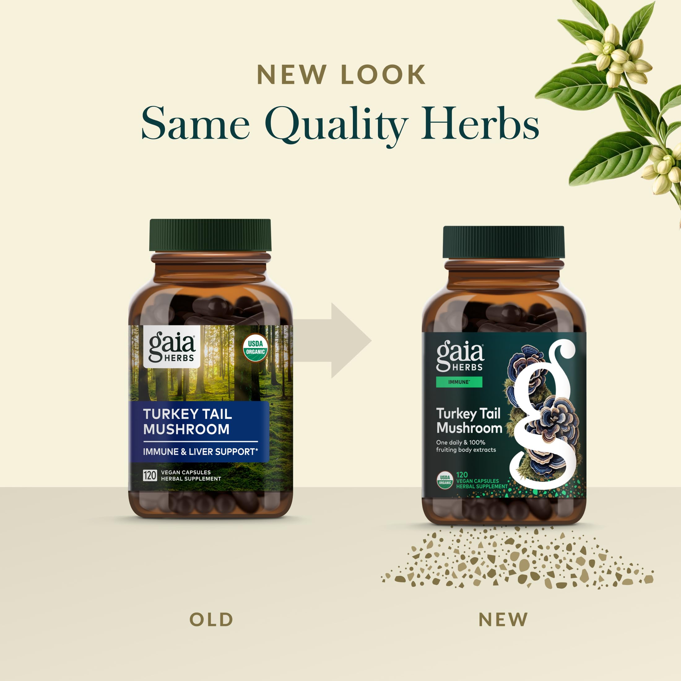 Gaia Herbs Turkey Tail label on bottle emphasizing high-quality ingredients.