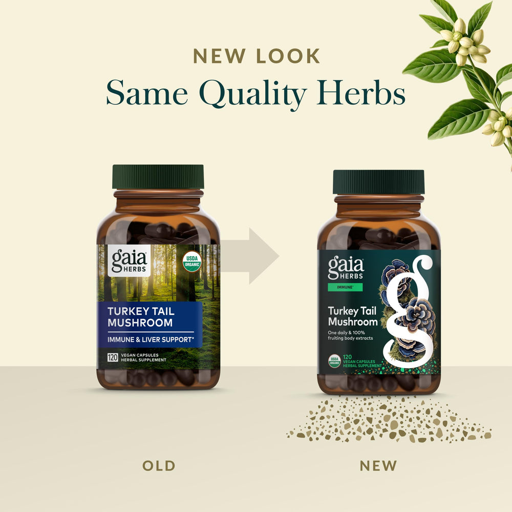 Gaia Herbs Turkey Tail label on bottle emphasizing high-quality ingredients.