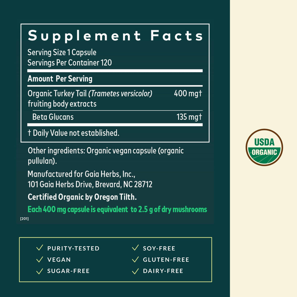 Gaia Herbs Turkey Tail capsules focusing on liver health support.