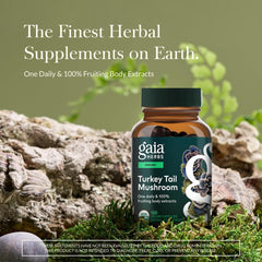 Gaia Herbs Turkey Tail mushroom capsules bottle for easy daily use.