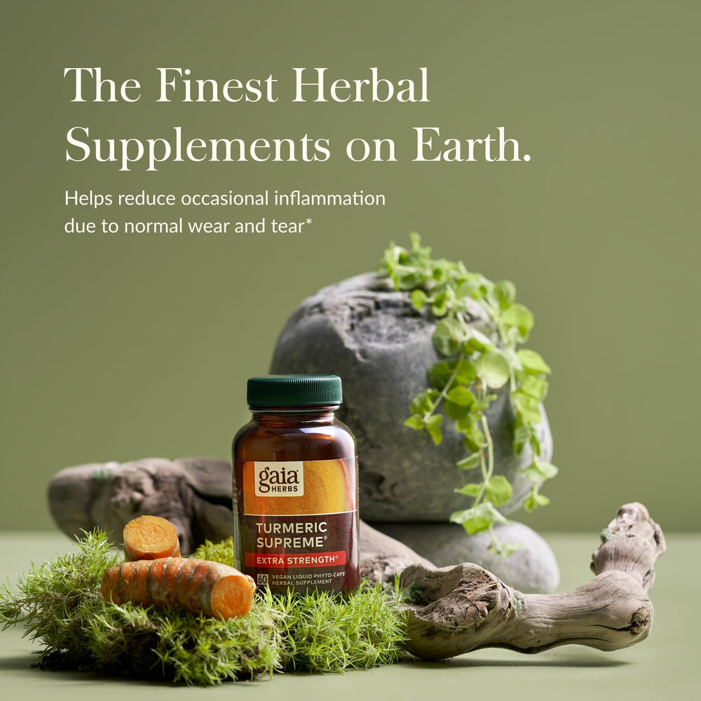 Close-up of Gaia Herbs Turmeric Supreme capsules highlighting vegan liquid phyto-caps