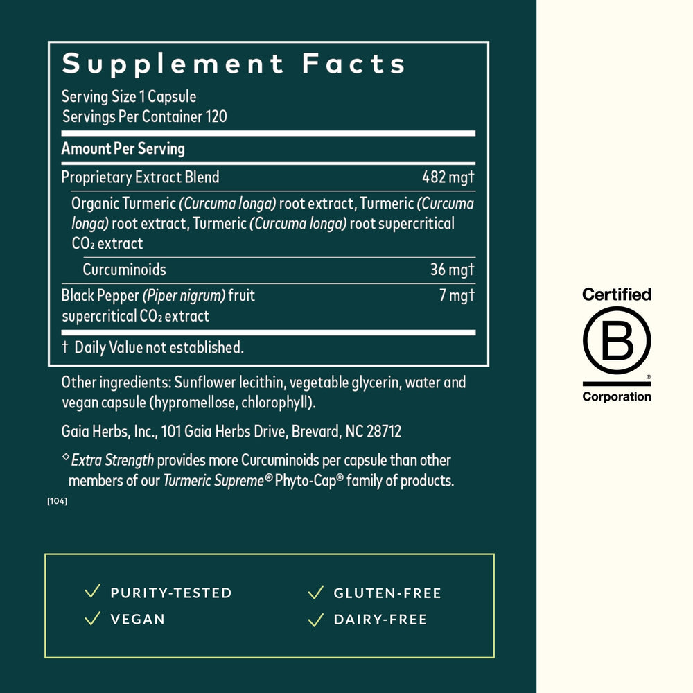 Bottle pour detail highlights convenient daily servings of Gaia Herbs Turmeric Supreme.
